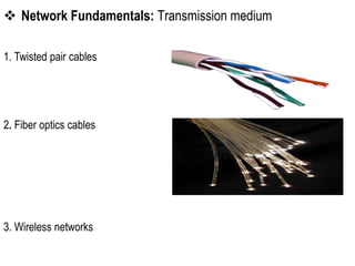  Network Fundamentals: Transmission medium
1. Twisted pair cables
2. Fiber optics cables
3. Wireless networks
 