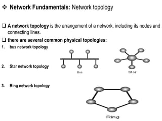  Network Fundamentals: Network topology
 A network topology is the arrangement of a network, including its nodes and
connecting lines.
 there are several common physical topologies:
1. bus network topology
2. Star network topology
3. Ring network topology
 