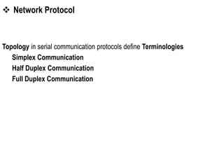  Network Protocol
Topology in serial communication protocols define Terminologies
Simplex Communication
Half Duplex Communication
Full Duplex Communication
 