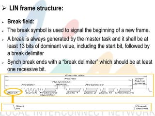  LIN frame structure:
 Break field:
 The break symbol is used to signal the beginning of a new frame.
 A break is always generated by the master task and it shall be at
least 13 bits of dominant value, including the start bit, followed by
a break delimiter
 Synch break ends with a “break delimiter” which should be at least
one recessive bit.
 