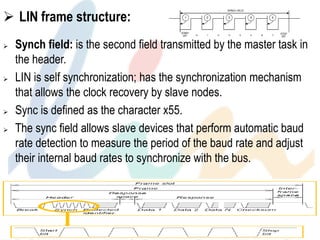  LIN frame structure:
 Synch field: is the second field transmitted by the master task in
the header.
 LIN is self synchronization; has the synchronization mechanism
that allows the clock recovery by slave nodes.
 Sync is defined as the character x55.
 The sync field allows slave devices that perform automatic baud
rate detection to measure the period of the baud rate and adjust
their internal baud rates to synchronize with the bus.
 