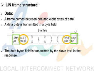  LIN frame structure:
 Data:
 A frame carries between one and eight bytes of data
 A data byte is transmitted in a byte field
 The data bytes field is transmitted by the slave task in the
response.
 