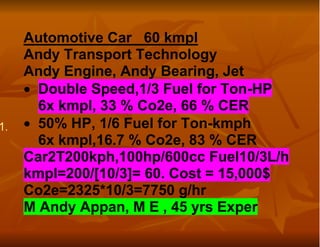 Automotive Car 60 kmpl
     Andy Transport Technology
     Andy Engine, Andy Bearing, Jet
     • Double Speed,1/3 Fuel for Ton-HP
       6x kmpl, 33 % Co2e, 66 % CER
1.   • 50% HP, 1/6 Fuel for Ton-kmph
       6x kmpl,16.7 % Co2e, 83 % CER
     Car2T200kph,100hp/600cc Fuel10/3L/h
     kmpl=200/[10/3]= 60. Cost = 15,000$
     Co2e=2325*10/3=7750 g/hr
     M Andy Appan, M E , 45 yrs Exper
 
