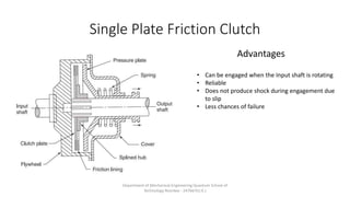 Single Plate Friction Clutch
Advantages
• Can be engaged when the Input shaft is rotating
• Reliable
• Does not produce shock during engagement due
to slip
• Less chances of failure
Department of Mechanical Engineering Quantum School of
Technology Roorkee - 247667(U.K.)
 