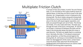 Multiplate Friction Clutch
It consists of two sets of disks, A and B. The set of driven
disks, ‘A’, are mounted on the output shaft by means of
splined sleeve, so that they are free to move in the axial
direction. An L-shaped plate or drum is fastened to the
driving shaft. The drum rotates along with driving shaft.
Holes (three or four) are drilled on the rim of plate and
also on the drum with equal angular separation, and
bolts are passed through each set of holes. The driving
set of disks, ‘B’ is also made with holes. The bolts pass
through the holes of the drum, driving disks, ‘B’ and the
rim of plate. A clearance fit between the bolts and the
holes in the driving disk allows the disks B to move in
axial direction. The bolts are rigidly fixed to a revolving
drum. Normally, the disks, ‘A’ are placed compressed
under spring force, so that they pressed against the
driving disks, B’, and torque is transmitted to the driven
shaft. For disengagement of the clutch, contact levers
move the driven disks away from the driving ones.
Hardened steel and hardened bronze are used to make
the driven and driving disks respectively.
Department of Mechanical Engineering Quantum School of
Technology Roorkee - 247667(U.K.)
 
