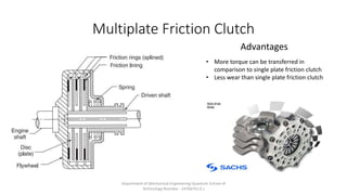 Multiplate Friction Clutch
Advantages
• More torque can be transferred in
comparison to single plate friction clutch
• Less wear than single plate friction clutch
Department of Mechanical Engineering Quantum School of
Technology Roorkee - 247667(U.K.)
 