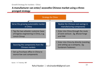 Growth Strategy for markets – China
A manufacturer can enter/ accessthe Chinese market using a three-
pronged strategy

                                        Strategy for China


Serve the growing automobile market                          Realize the Chinese cost savings in
              in China                                          manufacturing components

• Tap the two-wheeler customer base                     • Enter into China through the route
  of Engines engineering in China, e.g.                   of Joint venture . Eg. Bharat Forge
  Loncin Group                                            and FAW

                                                        • Enter into China by directly investing
  Sourcing the components from the                        and setting up a company , Eg.
           Chinese markets                                Sundaram Fasteners

• Set-up Purchase office in China to
  source low cost components


Source: A. T. Kearney; IBEF
                                                                                             19
                              Rahul Razdan | rahulrazdan86@gmail.com
 