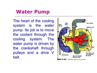 Water Pump
The heart of the cooling
system is the water
pump. Its job is to move
the coolant through the
cooling system. The
water pump is driven by
the crankshaft through
pulleys and a drive V
belt.
 