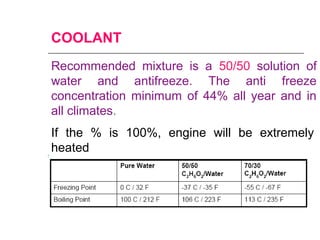 COOLANT
Recommended mixture is a 50/50 solution of
water and antifreeze. The anti freeze
concentration minimum of 44% all year and in
all climates.
If the % is 100%, engine will be extremely
heated
 
