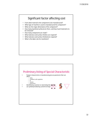 11/28/2018
32
Significant factor affecting cost
• From what material is the component to be manufactured?
• What type of machine is used to manufactured the component?
• What are the major dimensions of the component?
• How many machined surfaced are there, and how much material is to
be removed?
• How many components are made?
• What tolerance and surface finishes are required?
• What tolerance and surface finished are required?
• What is the labor rate for machinists?
Preliminary listing of Special Characteristic
• Product characteristic or manufacturing process parameter that can
affect:
– safety
– compliance with regulations
– fit
– function
– performance
• Identified by customer or selected by the supplier
• use symbol provided by customer(if any)
S
S
 