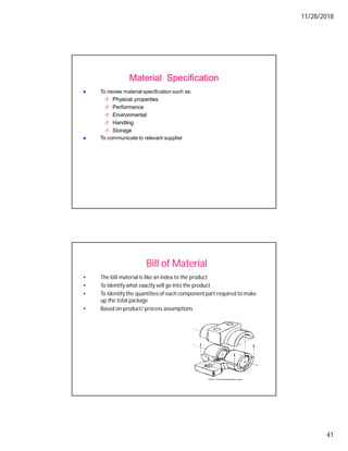 11/28/2018
41
To review material specification such as:
Physical properties
Performance
Environmental
Handling
Storage
To communicate to relevant supplier
Material Specification
Bill of Material
• The bill material is like an index to the product
• To identify what exactly will go into the product
• To identify the quantities of each component part required to make
up the total package
• Based on product/ process assumptions
 