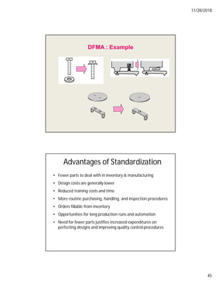 11/28/2018
45
DFMA : Example
Advantages of Standardization
• Fewer parts to deal with in inventory & manufacturing
• Design costs are generally lower
• Reduced training costs and time
• More routine purchasing, handling, and inspection procedures
• Orders fillable from inventory
• Opportunities for long production runs and automation
• Need for fewer parts justifies increased expenditures on
perfecting designs and improving quality control procedures
 