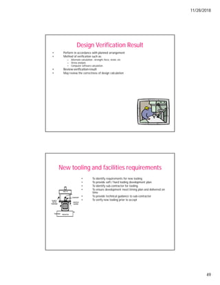 11/28/2018
49
Design Verification Result
• Perform in accordance with planned arrangement
• Method of verification such as:
– Alternate calculation - strength, force, strain, etc
– Stress analysis
– Computer software calculation
• Review verificationresult
• May review the correctness of design calculation
New tooling and facilities requirements
• To identify requirements for new tooling
• To provide soft / hard tooling development plan
• To identify sub-contractor for tooling
• To ensure development meet timing plan and delivered on
time
• To provide technical guidance to sub-contractor
• To verify new tooling prior to accept
 
