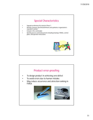11/28/2018
51
Special Characteristics
• Upgrade preliminary list stated in Phase 1
• Identify customer-specifieddefinitions and symbols or organization’s
equivalent symbol
• Include in the control plan
• Identify process control documents including drawings,FMEAs, control
plans, and operator instructions
Product error-proofing
• To design product in achieving zero defect
• To avoid errors due to human mistake.
• May reduce occurrence and detection ranking in
FMEA
 