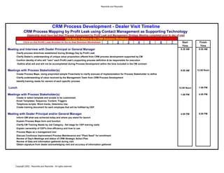 Reynolds and Reynolds




                                            CRM Process Development - Dealer Visit Timeline
             CRM Process Mapping by Profit Leak using Contact Management as Supporting Technology
                Dealership must have had their Process Assessment by Profit Leak and Management Strategy Meeting completed prior to day of visit
                                                Click Here to Return to the CRM Solutions Worksheet
             Click on the Profit Leak Number to Go to that Solution Worksheet:    1        2      3     4        5       6          7        Start      Finish
                                                                                                                                             Time        Time
Meeting and Interview with Dealer Principal or General Manager                                                                              8:30 AM     9:00 AM
      Clarify process directives established during Strategy Day by Profit Leak
      Clarify Dealer's understanding of unique value proposition offered from CRM process development supported by CM
      Confirm identity of who will "own" each Profit Leak's supporting process definition & be responsible for execution
      Outline what will and will not be accomplished during Process Development within the time included in the CM contract

Meetings with Process Stakeholder(s)                                                                                                        9:00 AM    12:00 Noon
      Create Process Maps. Using preprinted sample Flowcharts to clarify avenues of implementation for Process Stakeholder to define
      Clarify understanding of value received by the Management Team from CRM Process Development
      Identify training needs for owners of each specific process

Lunch                                                                                                                                     12:00 Noon    1:00 PM


Meetings with Process Stakeholder(s)                                                                                                        1:00 PM     4:00 PM
      Create or select template and scripts to be customized.
      Email Templates: Sequence, Content, Triggers
      Telephone scripts: Word tracks, Determine Use
      Create training document for each employee that will be fulfilled by CEP

Meeting with Dealer Principal and/or General Manager                                                                                        4:00 PM     5:00 PM
      Inform GM what was achieved today and where you stand for launch
      Explain Process Maps form and function
      Clarify CM Training Needs by Job Category - Set stage for CEP training visits
      Explain ownership of CEP's time efficiency and how to use
      Process Maps as a management tool
      Discuss Continous Improvement Process Maintenance and "Plant Seed" for enrollment
      Review of Day's Meetings and status of CRM Strategic Action Plan
      Review of Data and Information gathered during visit
      Obtain signature from dealer acknowledging visit and accuracy of information gathered




     Copyright 2002 - Reynolds and Reynolds - All rights reserved
 