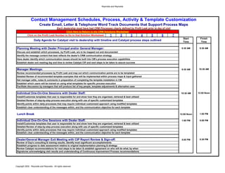 Reynolds and Reynolds




                Contact Management Schedules, Process, Activity & Template Customization
                         Create Email, Letter & Telephone Word Track Documents that Support Process Maps
                                      Each dealership must have had CRM Processes clearly defined by Profit Leak prior to day of visit
                                             Click Here to Return to the CRM Solutions Worksheet
            Click on the Profit Leak Number to Go to that Solution Worksheet:     1      2       3         4        5        6         7
                                                                                                                                             Start       Finish
                   Daily Agenda for Catalyst visit to dealership with timeline and Catalyst process steps outlined
                                                                                                                                             Time         Time

 Planning Meeting with Dealer Principal and/or General Manager:                                                                             8:30 AM      9:30 AM
 Discuss and establish which processes, by Profit Leak, are to be mapped out and documented
 Identify the message content that best reflects the dealer's CRM communication strategy
 Have dealer identify which communication issues should be built into CM's process execution capabilities
 Establish dealer exit meeting day and time to review Catalyst CIP and next steps to be taken to assure success


 Manager Meetings:                                                                                                                          9:30 AM     10:30 AM
 Review recommended processes by Profit Leak and map out which communication points are to be templated
 Detailed Review of recommended template examples that will be implemented within process maps & input gathered
 Get manager edits, notes & comments in preparation of completing the template installation in CM
 Establish which users will be trained on using what templates for specific process execution
 Facilitate discussion by managers that will produce list of key people, template adjustments & alternative uses


 Individual One-On-One Sessions with Dealer Staff:                                                                                         10:30 AM     12:00 Noon
 Install/Customize templates that user is responsible for and show how they are organized, retrieved & best utilized
 Detailed Review of step-by-step process execution along with use of specific customized templates
 Identify points within daily processes that may require individual customized approach using modified templates
 Establish clear understanding of the messages within, and the communication objective for each template


 Lunch Break                                                                                                                               12:00 Noon    1:00 PM

 Individual One-On-One Sessions with Dealer Staff:                                                                                          1:00 PM      5:00 PM
 Install/Customize templates that user is responsible for and show how they are organized, retrieved & best utilized
 Detailed Review of step-by-step process execution along with use of specific customized templates
 Identify points within daily processes that may require individual customized approach using modified templates
 Establish clear understanding of the messages within, and the communication objective for each template


 Dealer/General Manager Exit Meeting with CIP Report Review & Sign-off:                                                                     5:00 PM      5:30 PM
 Review of Day's consulting & training results; identify most significant accomplishments
 Establish progress to date assessment relative to original implementation planning & strategy
 Review Catalyst recommendations for next steps to be taken & establish agreement on who will do what, by when
 Signatures acknowledging visit results and understanding of Continuous Improvement Process recommendations




Copyright 2002 - Reynolds and Reynolds - All rights reserved
 