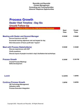 Reynolds and Reynolds
                                              Contact Management
                                         Consulting and Training Bundles:
                                         Inbound Telephone Opportunities




        Process Growth
        Dealer Visit Timeline - Day Six
        Unsold Follow-Up
                 Click Here to Return to the CRM Solutions Worksheet
                                                                                Start     Finish
                                                                                Time       Time

Meeting with Dealer and General Manager                                        8:00AM    9:00AM
       Discuss Experience with CEP
       Enumerate training objectives met and targets for day
       Elicit discussion of future profit leak "repairs"


Meet with Process Stakeholder(s)                                               9:00AM    9:30AM
       Discuss experiences with CEP
       Clarify questions
       Discuss layout of people invovled in day's facilitation-led workshops



Process Growth                                                                 9:30AM    12:00 PM
       Unsold Process Meetings
       Skills Development




 Lunch                                                                         12:00PM   1:00PM



Continue Process Growth                                                        1:00PM    5:00PM
       CM Technology Management
       Utilization skills
       Process Execution Integration




     Copyright 2002 - Reynolds and Reynolds - All Rights Reserved
 