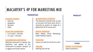 MACARTHY’S 4P FOR MARKETING MIX
PHASED LAUNCH
• Chennai
• Bangalore
• Mumbai
• Delhi
PLAN FOR EXPANSION
• In 4 month – 20 cities
• In a year – 50 cities
SHOWROOM EXPERIENCE
Mahindra planned to improve the
aesthetics and appeal of the
showrooms to project ‘Scorpio’ as
a rugged and sturdy vehicle.
ADVERTISING STRATEGY
The Television Commercials as well
as the press still shots were shot in
Australia to project an image of a
global SUV fit for any terrain.
MEDIA STRATEGY
Mass Media, Direct Marketing,
Public Relation Events.
POSITION
Luxury car with the thrill of an SUV
TAGLINE
Nothing else will do
PRODUCTPROMOTION
PLACE
TARGET CUSTOMERS
Urban Customers,
 