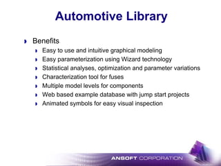 Automotive Library
Benefits
Easy to use and intuitive graphical modeling
Easy parameterization using Wizard technology
Statistical analyses, optimization and parameter variations
Characterization tool for fuses
Multiple model levels for components
Web based example database with jump start projects
Animated symbols for easy visual inspection
 