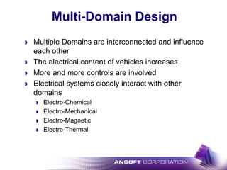 Multi-Domain Design
Multiple Domains are interconnected and influence
each other
The electrical content of vehicles increases
More and more controls are involved
Electrical systems closely interact with other
domains
Electro-Chemical
Electro-Mechanical
Electro-Magnetic
Electro-Thermal
 