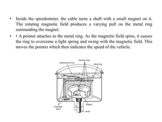 • Inside the speedometer, the cable turns a shaft with a small magnet on it.
The rotating magnetic field produces a varying pull on the metal ring
surrounding the magnet.
• • A pointer attaches to the metal ring. As the magnetic field spins, it causes
the ring to overcome a light spring and swing with the magnetic field. This
moves the pointer which then indicates the speed of the vehicle.
 