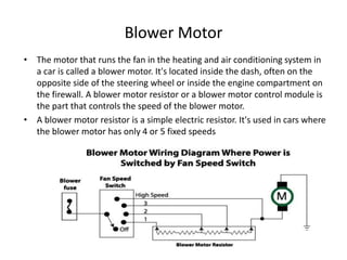 Blower Motor
• The motor that runs the fan in the heating and air conditioning system in
a car is called a blower motor. It's located inside the dash, often on the
opposite side of the steering wheel or inside the engine compartment on
the firewall. A blower motor resistor or a blower motor control module is
the part that controls the speed of the blower motor.
• A blower motor resistor is a simple electric resistor. It's used in cars where
the blower motor has only 4 or 5 fixed speeds
 