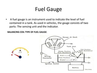 Fuel Gauge
• A fuel gauge is an instrument used to indicate the level of fuel
contained in a tank. As used in vehicles, the gauge consists of two
parts: The sensing unit and the indicator.
BALANCING COIL TYPE OF FUEL GAUGE.
 