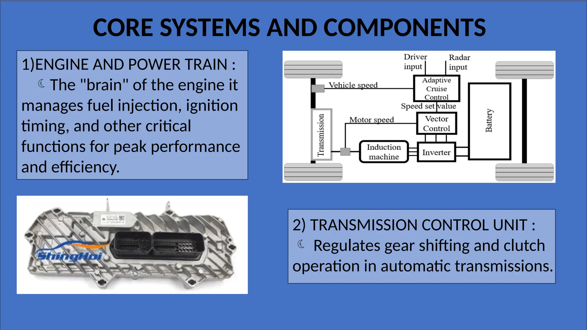 CORE SYSTEMS AND COMPONENTS
1)ENGINE AND POWER TRAIN :
The "brain" of the engine it
manages fuel injection, ignition
timing, and other critical
functions for peak performance
and efficiency.
2) TRANSMISSION CONTROL UNIT :
 Regulates gear shifting and clutch
operation in automatic transmissions.
 