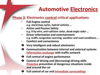 Automotive Electronics
Phase 3: Electronics control critical applications
– Full Engine control
e.g. start/stop cycles, hybrid vehicles …
– Active and Passive Safety
e.g. X by wire, anti-collision radar, dead-angle radar …
– Driver information and entertainment
e.g. traffic congestion warning, weather and road conditions …
– Comfort and convenience
 Very intelligent and robust electronics
 Communication between internal and external systems
Information exchange with traffic network
 Full control of engine performance
 Control of driving and (decreasing) driving skills
Proactive prevention of dangerous situations inside
and around the car
 Full control of car and immediate surroundings
 
