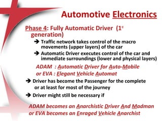 Automotive Electronics
Phase 4: Fully Automatic Driver (1st
generation)
 Traffic network takes control of the macro
movements (upper layers) of the car
 Automatic Driver executes control of the car and
immediate surroundings (lower and physical layers)
ADAM : Automatic Driver for Auto-Mobile
or EVA : Elegant Vehicle Automat
 Driver has become the Passenger for the complete
or at least for most of the journey
 Driver might still be necessary if
ADAM becomes an Anarchistic Driver And Madman
or EVA becomes an Enraged Vehicle Anarchist
 