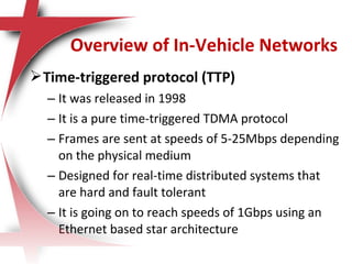 Time-triggered protocol (TTP)
– It was released in 1998
– It is a pure time-triggered TDMA protocol
– Frames are sent at speeds of 5-25Mbps depending
on the physical medium
– Designed for real-time distributed systems that
are hard and fault tolerant
– It is going on to reach speeds of 1Gbps using an
Ethernet based star architecture
Overview of In-Vehicle Networks
 