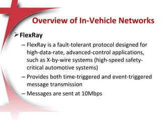 FlexRay
– FlexRay is a fault-tolerant protocol designed for
high-data-rate, advanced-control applications,
such as X-by-wire systems (high-speed safety-
critical automotive systems)
– Provides both time-triggered and event-triggered
message transmission
– Messages are sent at 10Mbps
Overview of In-Vehicle Networks
 