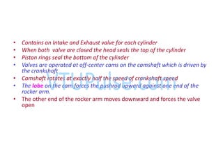 • Contains an Intake and Exhaust valve for each cylinder
• When both valve are closed the head seals the top of the cylinder
• Piston rings seal the bottom of the cylinder
• Valves are operated at off-center cams on the camshaft which is driven by
the crankshaft
• Camshaft rotates at exactly half the speed of crankshaft speed
• The lobe on the cam forces the pushrod upward against one end of the
rocker arm.
• The other end of the rocker arm moves downward and forces the valve
open
 