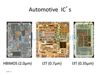 slide: 3
Automotive IC’s
HBIMOS (2.0µm) I2T (0.7µm) I3T (0.35µm)
 