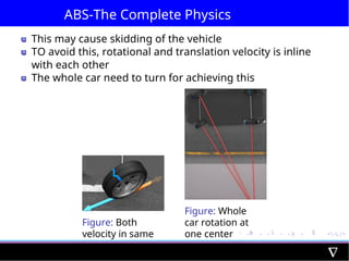 ABS-The Complete Physics
This may cause skidding of the vehicle
TO avoid this, rotational and translation velocity is inline
with each other
The whole car need to turn for achieving this
Figure: Both
velocity in same
line
Figure: Whole
car rotation at
one center
point
 