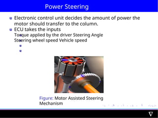 Power Steering
Electronic control unit decides the amount of power the
motor should transfer to the column.
ECU takes the inputs
Torque applied by the driver Steering Angle
Steering wheel speed Vehicle speed
Figure: Motor Assisted Steering
Mechanism
 