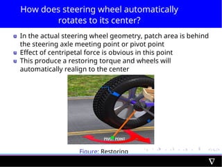 How does steering wheel automatically
rotates to its center?
In the actual steering wheel geometry, patch area is behind
the steering axle meeting point or pivot point
Effect of centripetal force is obvious in this point
This produce a restoring torque and wheels will
automatically realign to the center
Figure: Restoring
Torque
 