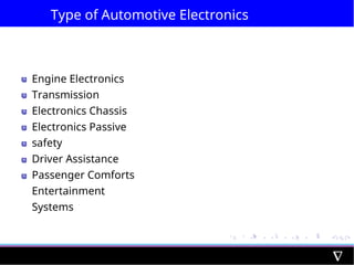 Type of Automotive Electronics
Engine Electronics
Transmission
Electronics Chassis
Electronics Passive
safety
Driver Assistance
Passenger Comforts
Entertainment
Systems
 
