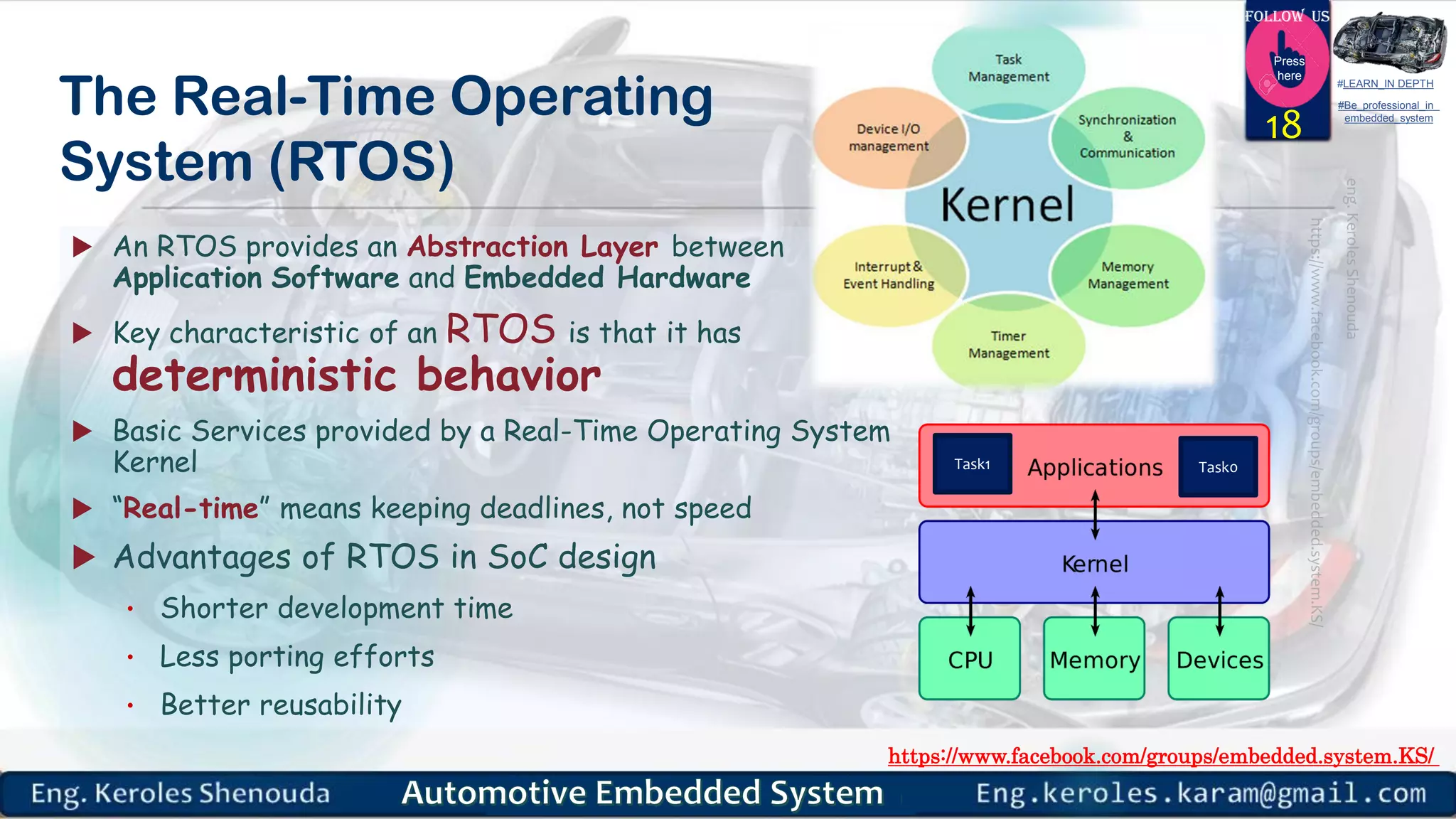 https://www.facebook.com/groups/embedded.system.KS/
Follow us
Press
here
#LEARN_IN DEPTH
#Be_professional_in
embedded_system
The Real-Time Operating
System (RTOS)
 An RTOS provides an Abstraction Layer between
Application Software and Embedded Hardware
 Key characteristic of an RTOS is that it has
deterministic behavior
 Basic Services provided by a Real-Time Operating System
Kernel
 “Real-time” means keeping deadlines, not speed
 Advantages of RTOS in SoC design
• Shorter development time
• Less porting efforts
• Better reusability
18
Task0Task1
 