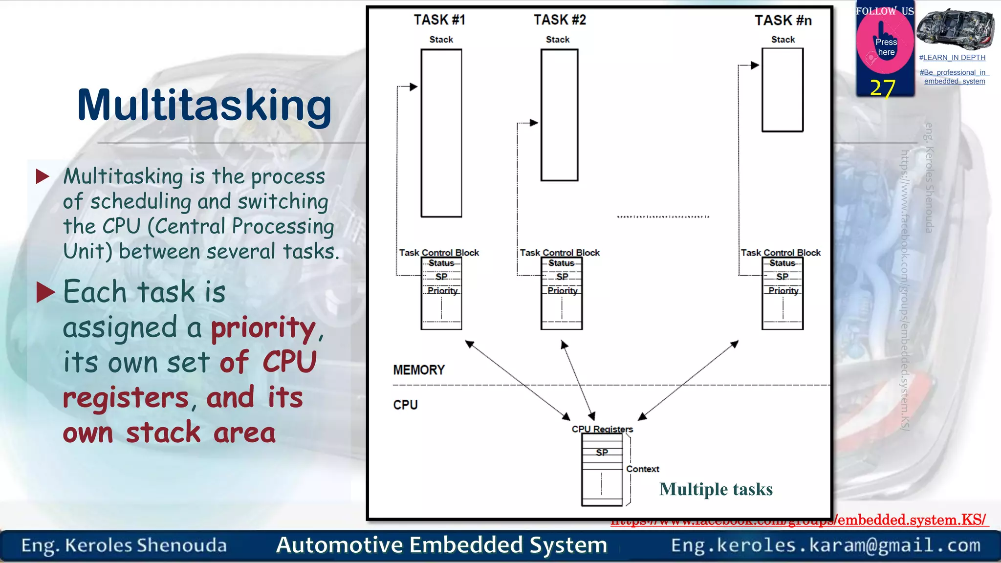 https://www.facebook.com/groups/embedded.system.KS/
Follow us
Press
here
#LEARN_IN DEPTH
#Be_professional_in
embedded_system
Multitasking
 Multitasking is the process
of scheduling and switching
the CPU (Central Processing
Unit) between several tasks.
 Each task is
assigned a priority,
its own set of CPU
registers, and its
own stack area
27
Multiple tasks
 