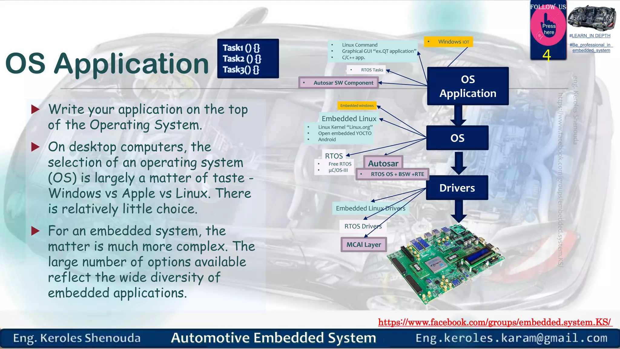 https://www.facebook.com/groups/embedded.system.KS/
Follow us
Press
here
#LEARN_IN DEPTH
#Be_professional_in
embedded_system
OS Application
 Write your application on the top
of the Operating System.
 On desktop computers, the
selection of an operating system
(OS) is largely a matter of taste -
Windows vs Apple vs Linux. There
is relatively little choice.
 For an embedded system, the
matter is much more complex. The
large number of options available
reflect the wide diversity of
embedded applications.
4
OS
Application
OS
Drivers
• Linux Command
• Graphical GUI “ex.QT application”
• C/C++ app.
• RTOS Tasks
• Autosar SW Component
Embedded Linux
• Linux Kernel “Linux.org”
• Open embedded YOCTO
• Android
• Windows IOT
Embedded windows
RTOS
Autosar• Free RTOS
• μC/OS-III
• RTOS OS + BSW +RTE
Embedded Linux Drivers
RTOS Drivers
MCAl Layer
 