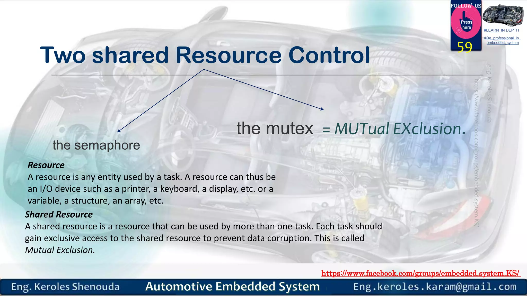 https://www.facebook.com/groups/embedded.system.KS/
Follow us
Press
here
#LEARN_IN DEPTH
#Be_professional_in
embedded_system
Two shared Resource Control
59
the mutex = MUTual EXclusion.
the semaphore
Resource
A resource is any entity used by a task. A resource can thus be
an I/O device such as a printer, a keyboard, a display, etc. or a
variable, a structure, an array, etc.
Shared Resource
A shared resource is a resource that can be used by more than one task. Each task should
gain exclusive access to the shared resource to prevent data corruption. This is called
Mutual Exclusion.
 