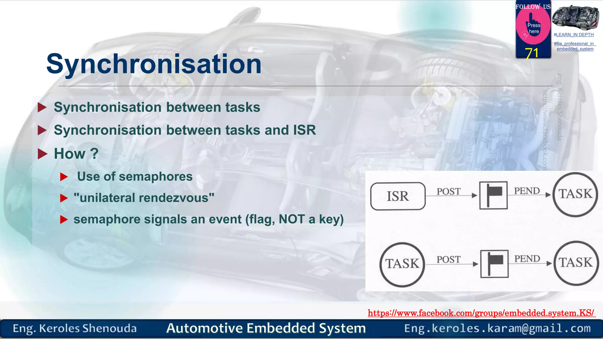 https://www.facebook.com/groups/embedded.system.KS/
Follow us
Press
here
#LEARN_IN DEPTH
#Be_professional_in
embedded_system
Synchronisation
 Synchronisation between tasks
 Synchronisation between tasks and ISR
 How ?
 Use of semaphores
 "unilateral rendezvous"
 semaphore signals an event (flag, NOT a key)
71
 