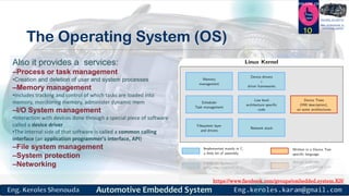 https://www.facebook.com/groups/embedded.system.KS/
Follow us
Press
here
#LEARN_IN DEPTH
#Be_professional_in
embedded_system
The Operating System (OS)
10
Also it provides a services:
–Process or task management
•Creation and deletion of user and system processes
–Memory management
•Includes tracking and control of which tasks are loaded into
memory, monitoring memory, administer dynamic mem
–I/O System management
•Interaction with devices done through a special piece of software
called a device driver
•The internal side of that software is called a common calling
interface (an application programmer's interface, API)
–File system management
–System protection
–Networking
 