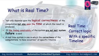 https://www.facebook.com/groups/embedded.system.KS/
Follow us
Press
here
#LEARN_IN DEPTH
#Be_professional_in
embedded_system
What is Real Time?
 “not only depends upon the logical correctness of the
computation but also upon the time at which the result is
produced.
 If the timing constraints of the system are not met, system
failure is said
 A real time system is one in which the correctness of the
computations to have occurred.” at specific timeline
15
Real Time:
Correct logic
With a specific
Timeline
 