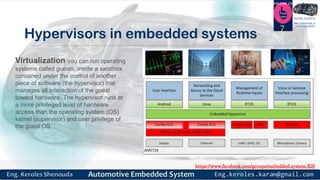 https://www.facebook.com/groups/embedded.system.KS/
Follow us
Press
here
#LEARN_IN DEPTH
#Be_professional_in
embedded_system
Hypervisors in embedded systems
7
Virtualization you can run operating
systems called guests, inside a sandbox
contained under the control of another
piece of software (the hypervisor) that
manages all interaction of the guest
toward hardware. The hypervisor runs at
a more privileged level of hardware
access than the operating system (OS)
kernel (supervisor) and user privilege of
the guest OS
 