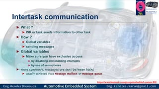 https://www.facebook.com/groups/embedded.system.KS/
Follow us
Press
here
#LEARN_IN DEPTH
#Be_professional_in
embedded_system
Intertask communication
 What ?
 ISR or task sends information to other task
 How ?
 Global variables
 sending messages
 Global variables
 Make sure you have exclusive access
 by disabling and enabling interrupts
 by use of semaphores
 more commonly, messages are sent between tasks
 usually achieved via a message mailbox or message queue
76
 