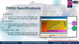 https://www.facebook.com/groups/embedded.system.KS/
Follow us
Press
here
#LEARN_IN DEPTH
#Be_professional_in
embedded_system
OSEK Specifications
 OSEK OS
 serves as a basis for the controlled real-
time execution of concurrent applications
 OSEK OIL
 OIL provides a possibility to configure an
OSEK/VDX application inside a particular
CPU
 OSEK COM / NM
 provides interfaces and protocols for the
transfer of data within vehicle networks
11
 