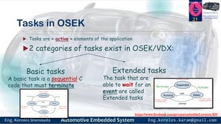 https://www.facebook.com/groups/embedded.system.KS/
Follow us
Press
here
#LEARN_IN DEPTH
#Be_professional_in
embedded_system
Tasks in OSEK
 Tasks are « active » elements of the application
2 categories of tasks exist in OSEK/VDX:
21
Basic tasks Extended tasks
A basic task is a sequential C
code that must terminate
The task that are
able to wait for an
event are called
Extended tasks
 