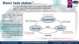 https://www.facebook.com/groups/embedded.system.KS/
Follow us
Press
here
#LEARN_IN DEPTH
#Be_professional_in
embedded_system
Basic task states
22
Basic tasks only release
the processor, if
• they terminate,
• the OSEK operating system
switches to a higher-priority
task, or
• an interrupt occurs which
causes the processor to
switch to an interrupt service
routine (ISR).
The state model of basic tasks is nearly identical to the extended
tasks state model. The only exception is that basic tasks do not
have a waiting state.
 